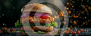 Succulent, fresh and crispy fried chicken burger sandwich with flying ingredients, and boken style out of focus background with photo