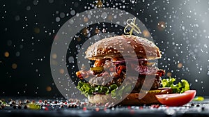 Succulent gourmet burger with fresh toppings and a shower of spices against a dark background