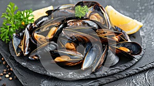 Succulent grilled mediterranean mussels on elegant black plate, a classic seafood delicacy