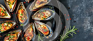 Succulent grilled mussels on elegant black plate authentic mediterranean cuisine