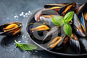 Succulent grilled mussels on stylish black plate traditional mediterranean seafood delicacy