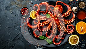 Succulent grilled octopus plated on black dish, a classic mediterranean delicacy