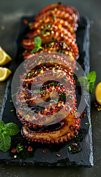 Succulent grilled octopus on stylish black plate a classic mediterranean delicacy