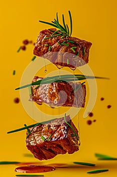 Succulent Grilled Steak Cubes with Herbs and Spices Drizzling with Olive Oil on a Vibrant Yellow Background, Unique Levitation