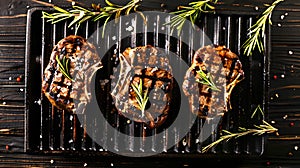 Succulent Grilled Steaks on a Grill Pan, Perfect for Food Blogs and Menus. High-Quality Photo Ready for Culinary Use