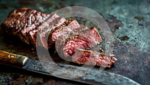 Succulent grilled wagyu steak on rustic board