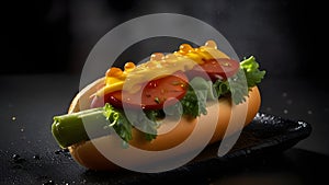 A succulent hot dog delicately placed on a glossy black plate photo