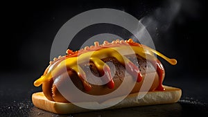 A succulent hot dog delicately placed on a glossy black plate photo