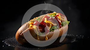 A succulent hot dog delicately placed on a glossy black plate photo