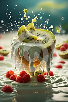 A succulent kiwi slice nosedives into a surge of flowing cream, the liquid wrapping around the fruit in a luscious cascade