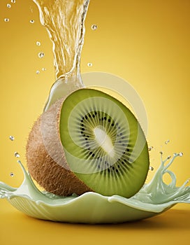 A succulent kiwi slice nosedives into a surge of flowing cream, the liquid wrapping around the fruit in a luscious cascade