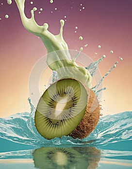 A succulent kiwi slice nosedives into a surge of flowing cream, the liquid wrapping around the fruit in a luscious cascade