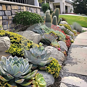 Succulent landscape design, beautiful cacti garden decor, green plants arrangement