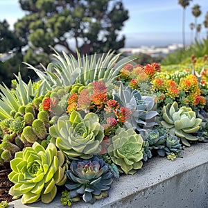 Succulent landscape design, beautiful cacti garden decor, green plants arrangement