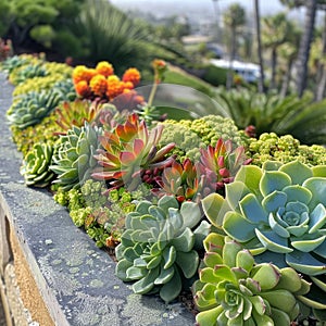 Succulent landscape design, beautiful cacti garden decor, green plants arrangement