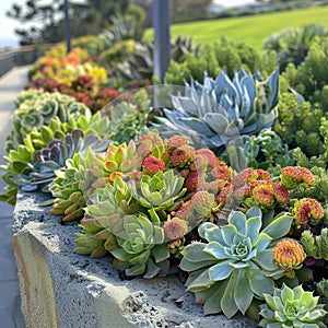 Succulent landscape design, beautiful cacti garden decor, green plants arrangement