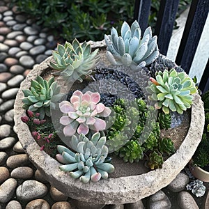 Succulent landscape design, beautiful cacti garden decor, green plants arrangement