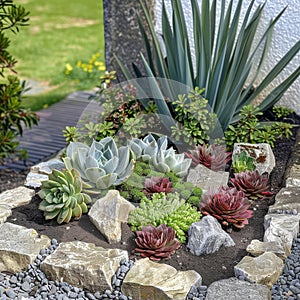 Succulent landscape design, beautiful cacti garden decor, green plants arrangement