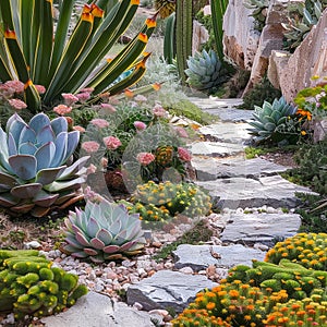 Succulent landscape design, beautiful cacti garden decor, green plants arrangement