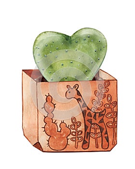 Succulent plant, heart shape, greenery cactus, tropical plants, dew drops in a ceramic ethnic pot. Hand drawn watercolor