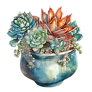 Succulent plant in a pot. Watercolor hand drawn illustration. AI Generated