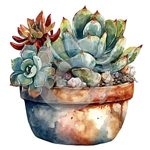 Succulent plant in a pot. Watercolor hand drawn illustration. AI Generated