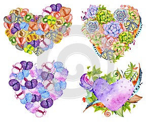 Succulent plants, cactus, red flowers, green leaves and feathers in the shape of a heart.