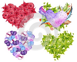 Succulent plants, cactus, red flowers, green leaves and feathers in the shape of a heart.