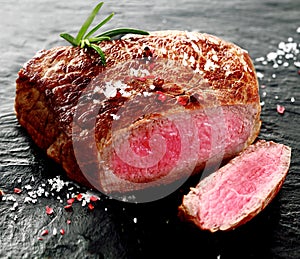 Succulent rare beef steak sliced through