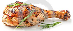 A succulent roasted chicken leg garnished with fresh rosemary on a white background, showcasing a golden-brown crust.