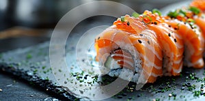 Succulent Salmon Sushi Garnished with Roe for an Exquisite Taste Experience, Copy Space