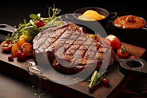 Succulent Sizzling steak grill with herbs. Generate ai