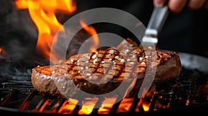 Succulent steak grilling over open flames with seasoning and grill marks.