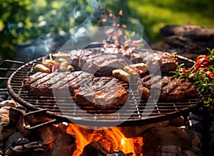 Succulent steaks sizzling on the grill, enveloped by aromatic smoke, ultimate BBQ