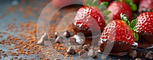 Succulent strawberries dipped in decadent chocolate on a pristine table. Concept Dessert Photography, Indulgent Treats, Tempting