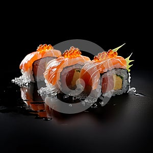 succulent sushi on a black tray, black background, perfect presentation, flying fish roe, salmon, rice and tuna, created with ai