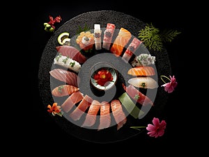 succulent sushi on a black tray, black background, perfect presentation, flying fish roe, salmon, rice and tuna, created with ai