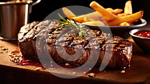 Succulent thick juicy portions of grilled fillet steak served with tomatoes and roast vegetables on an old wooden board.