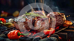 Succulent Top Sirloin Steak with Sautéed Vegetables on the Flame Grill - Generative AI.- Generative AI