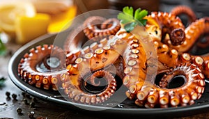 Succulent traditional mediterranean grilled octopus elegantly served on a chic black plate