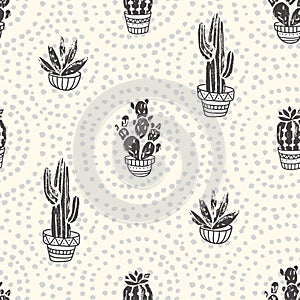 Succulents and cacti plants on the dot background. Vector seamless pattern with home garden cartoon cactus. photo