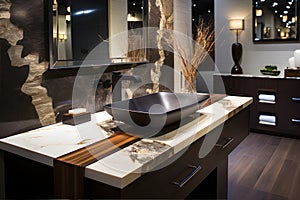 such as a vessel sink or a distinctive countertop material, to add character. AI Generated