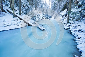 Frozen creek in Sucha Bela gorge in Slovak Paradise during winter