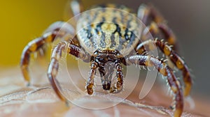 Sucking tick Macro photo on human skin. Ixodes ricinus. Bloated parasite bitten into pink irritated epidermis. Small red