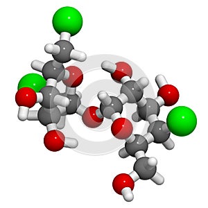 Sucralose artificial sweetener molecule. Used as sugar substitute. Atoms are represented as spheres with conventional color coding