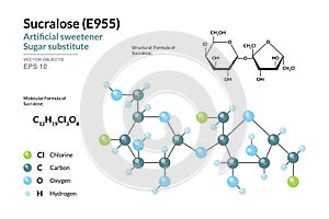 Sucralose. E955. Artificial Sweetener and Sugar Substitute. Structural Chemical Formula and Molecule 3d Model. C12H19Cl3O8 photo