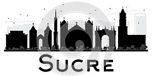 Sucre City skyline black and white silhouette.