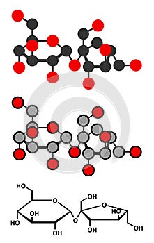 Sucrose sugar molecule. Also known as table sugar, cane sugar or beet sugar