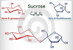 Sucrose sugar molecule. Structural chemical formula and molecule model
