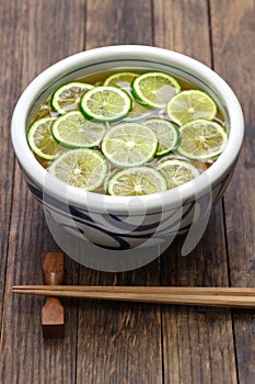 Sudachi soba, buckwheat noodles with sliced japanese citrus